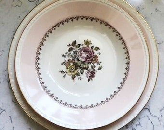 Homer Laughlin China, Vintage "Marilyn" Blush Pink Bowl and Large Plate, Wedding Decor, Farmhouse Chic