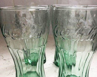 Vintage Embossed Coca Cola Logo Libby Green Glass 12 oz, Tinted Green Glass Coca Cola Drinking Glasses- Replacements