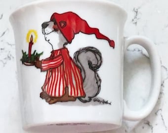 Vintage 1976 Suzy's Zoo  Little Squirrel with Candle Lit Christmas Mug made in Japan Lic Enesco Import, Holiday Hot Cocoa Mug,