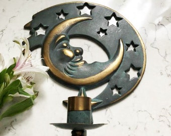Vintage Green Patina Moon and Stars Wall Sconce Candle Holder by Partylite 1994, Antique Green and Gold Moon and Star Wall Decoration Candle