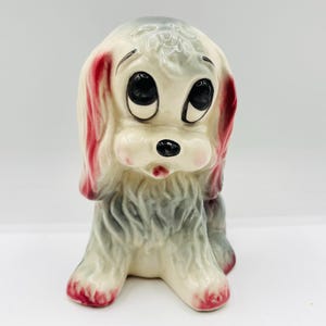 Maceta vintage de Hull Pottery con forma de cachorro / Esmalte gris y rosa pastel / Maceta de cerámica de mediados de siglo con forma de perro | Maceta pequeña vintage kitsch