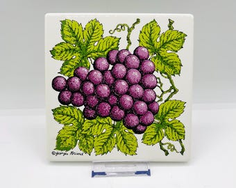 Vintage George Briard Enamel Tile –Purple Grapes and Vine– Mid-Century Modern Pop Art – 1960s Retro Groovy Kitchen Decor