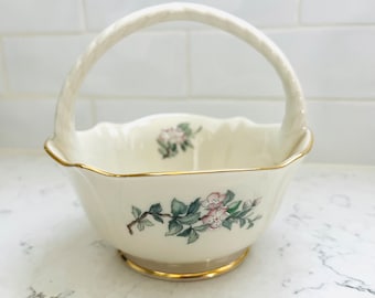 Like New Vintage Lenox Serenade Porcelain Basket with Robin Bird and Floral Design with Golden Trim -Made in the USA