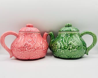 Green or Pink Teapot & Lid Embossed Rabbit Green by Bordallo Pinheiro