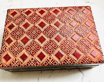 Vintage Folk Art Pyrography Hand  Carved Wooden and Hand Painted Trinket Box