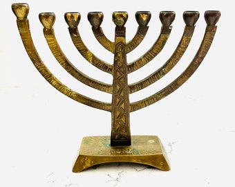 9 Candle Holder Solid Brass Patina Menorah Candle Holder - Approx 5.5" Vintage Solid Brass Menorah Made in Israel