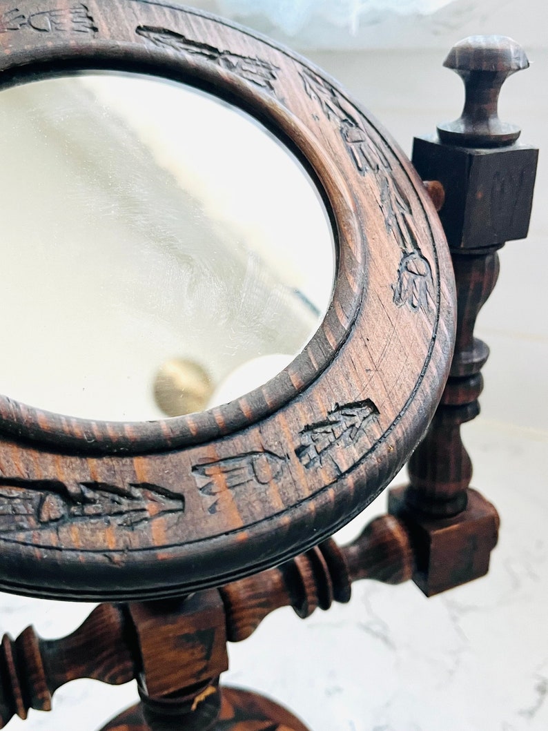 Antique Swerving Vanity Mirror Folk Art Hand Carved Wooden Shaving Mirror image 5