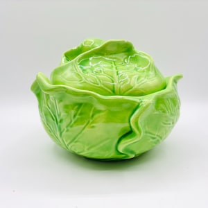 Vintage Holland Mold Green Cabbage Lidded Bowl Signed Majolica & Bordello Style