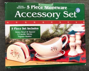 NIB Vintage Royal Seasons 5 Piece Snowman Stoneware Accessory Set - New Old Stock - NOS - Merry Christmas - Winter