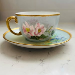 Vintage D & C Frankreich handbemalte Blumen Tasse und Becher Golden