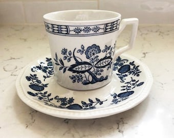 Vintage Coventry Blue Kensington Flat Tea Cup And Saucer, Blue Onion Ironstone Blue And White Transfer Ware Tea Cup Coffee Cup