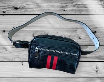 Steve Madden Black Belt Bag Faux Leather with Red Stripes Adjustable Belt