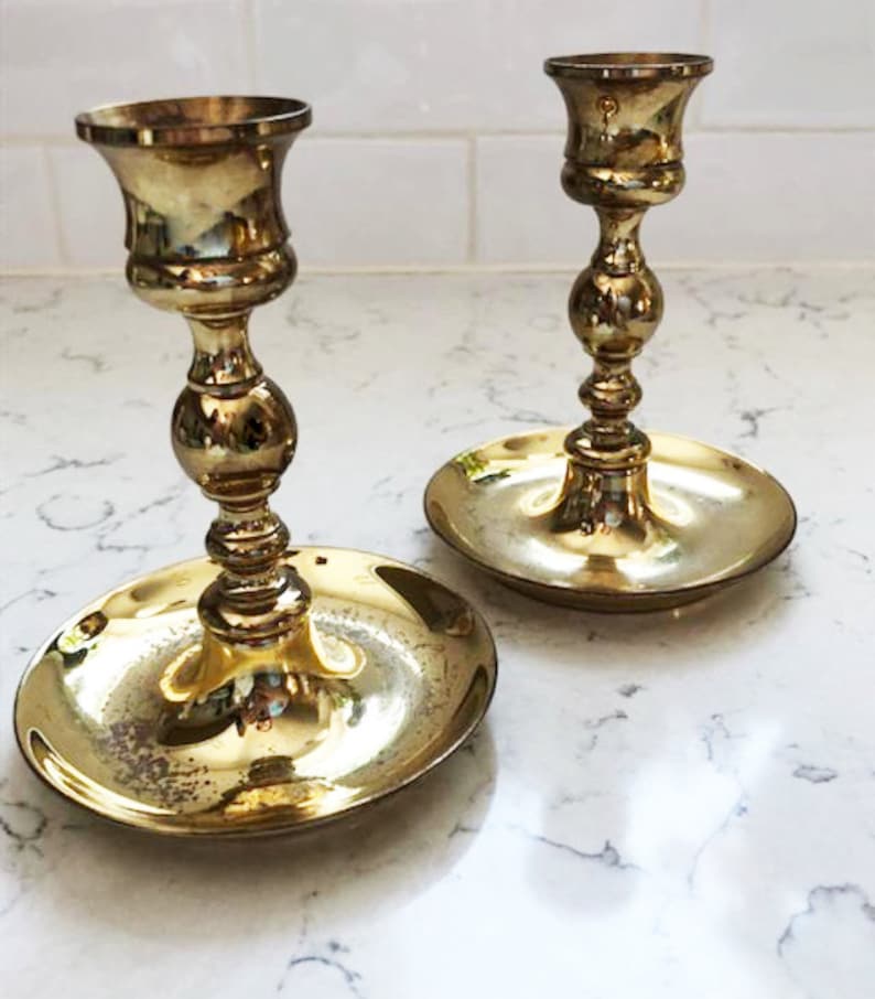 One Pair of Vintage Gold Solid Brass Taper Candle Holder image 2