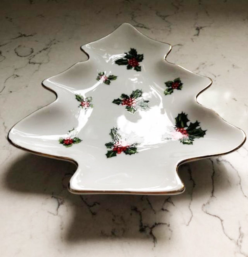 Vintage Lefton China White w/ Gold Trim Holly Berry Christmas Tree Candy/Trinket Dish/Cookie Plate image 2