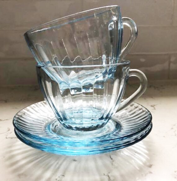 Set of Vintage Blue Ribbed Glass Tea Cup and Saucer Made in Brazil 