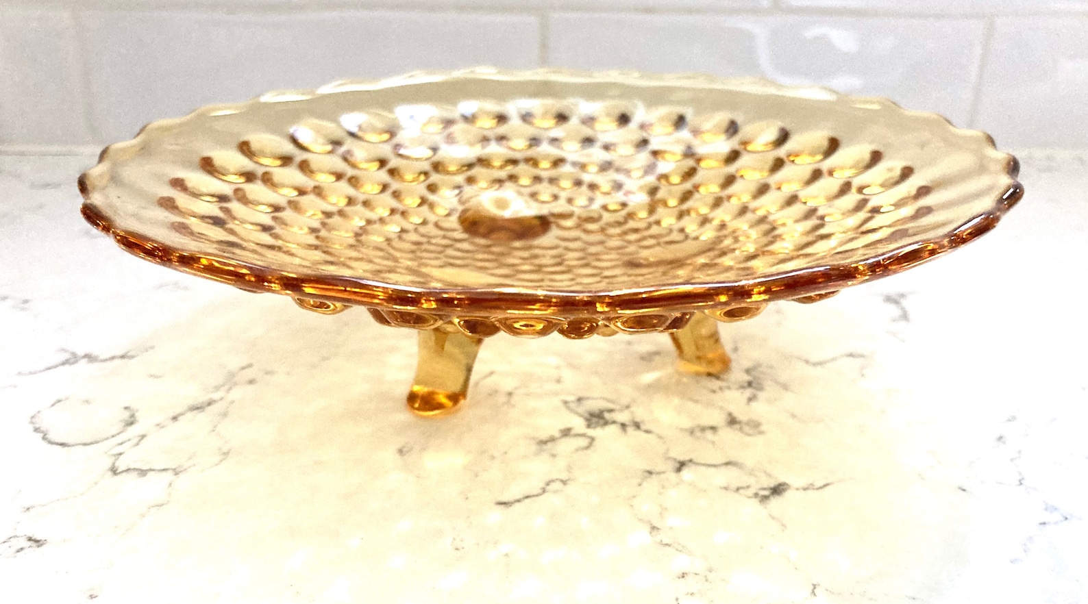 Vintage Pedestal Yellow Glass Dish, Antique Yellow Glass Mid Century