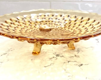 Vintage Pedestal Yellow Glass Dish, Antique Yellow Glass Mid Century Bowl, Catch All Dish Home Decoration