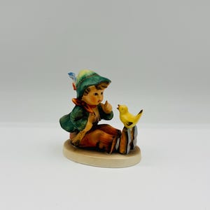 Mid Century Time Goebel Hummel No. 63 &quot;Singing Lesson&quot; Boy Teaching A Yellow Bird to Sing