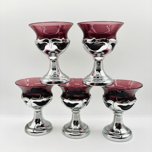 5 Piece Art Deco Rare Purple Amethyst Farber Cambridge Krome Kraft Chrome Liquor Cocktail Goblets