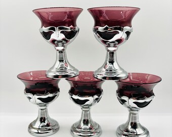 5 Piece Art Deco Rare Purple Amethyst Farber Cambridge Krome Kraft Chrome Liquor Cocktail Goblets