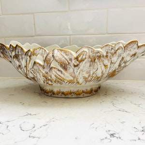 Vintage Haeger Console Bowl Vintage 1950s Vase 22K Gold Tweed Ceramic Curled Leaf Centerpiece Dish image 1