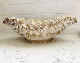 Vintage Haeger Console Bowl Vintage 1950s Vase 22K Gold Tweed Ceramic Curled Leaf Centerpiece Dish