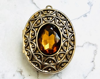 Vintage AVON Perfume Gold Tone Locket Pin Pendant 1.75” Amber Topaz Rhinestone