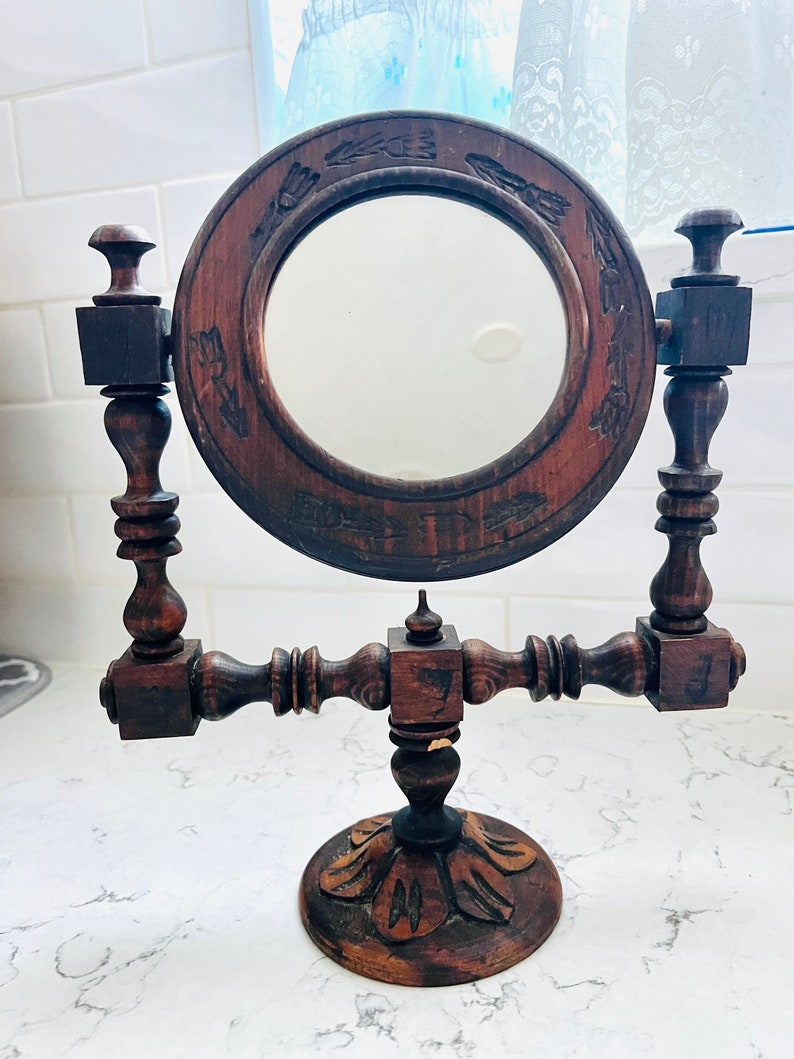 Antique Swerving Vanity Mirror Folk Art Hand Carved Wooden Shaving Mirror image 1