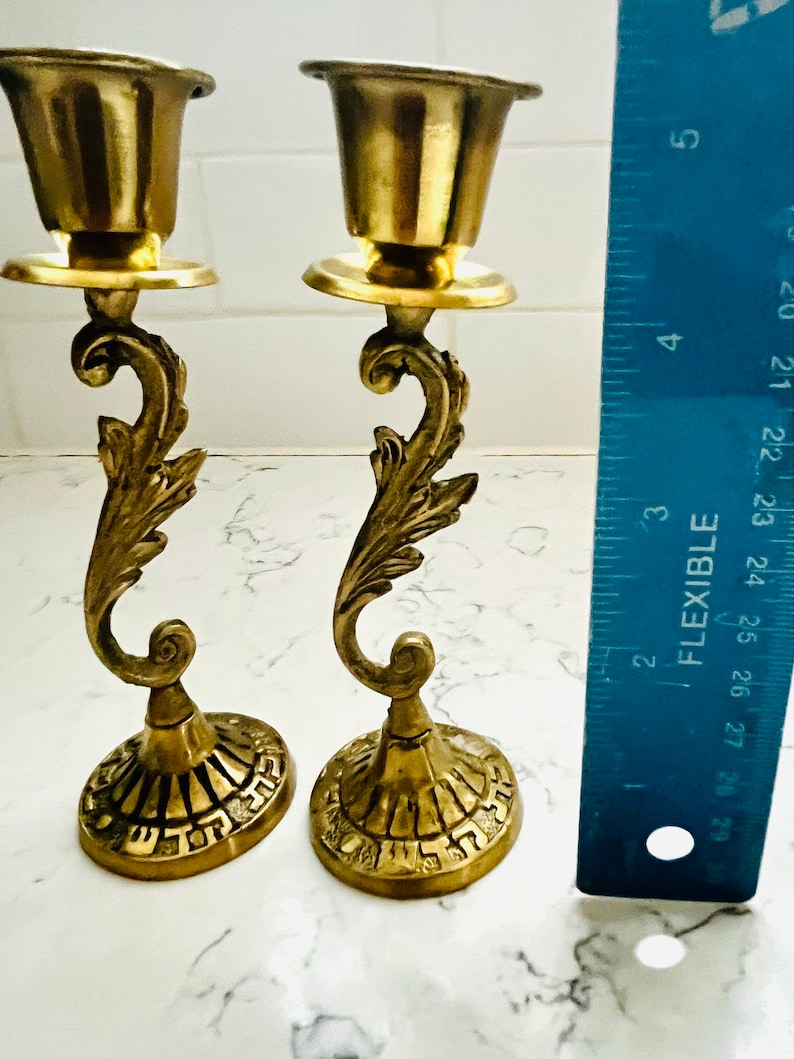 Vintage Pair of Solid Golden Brass Israel Taper Candle Holders image 5