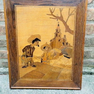 Vintage Wood Inlay Marquetry Art Two Men in Old Village MidCentury
