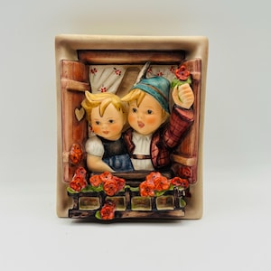 Vintage Time Goebel Hummel Figurine Hanging Wall Plaque With Box - Boy And Girl Waving From Windowsill made in Germany