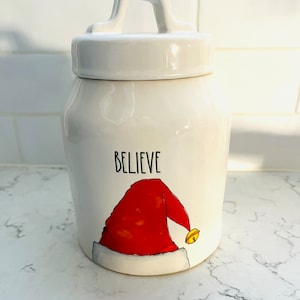 Rae Dunn Christmas Believe Christmas Red Santa Hat canister with Lid image 1