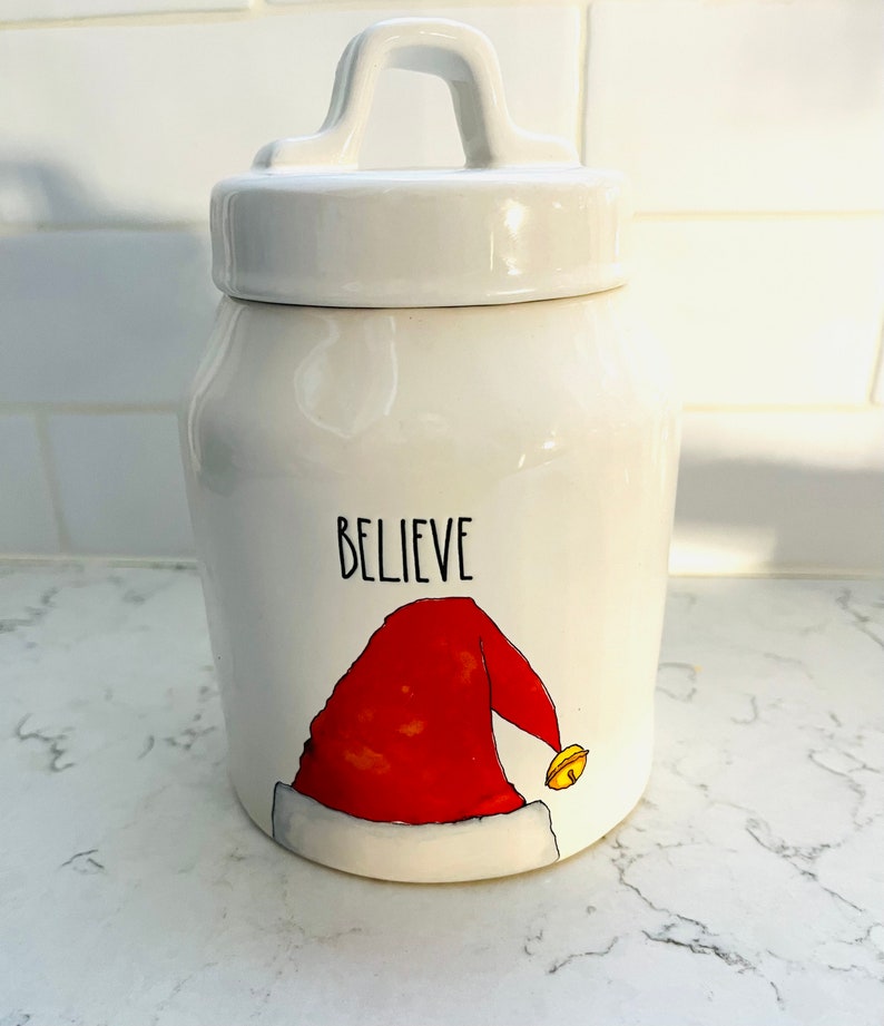 Rae Dunn Christmas Believe Christmas Red Santa Hat canister with Lid image 1