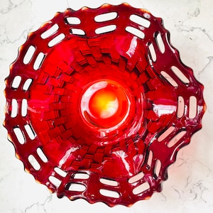 Vintage FENTON GLASS Ruffled Basket Weave Reticulated Amberina Decorative Red Footed Bowl