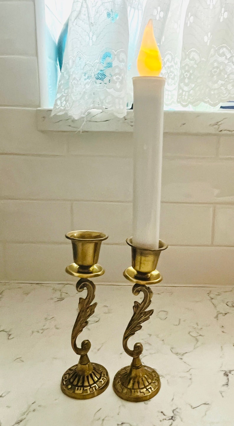 Vintage Pair of Solid Golden Brass Israel Taper Candle Holders image 4