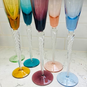 6 piece Vintage Multicolor Rainbow Handblown Flute Crystal for Barware.