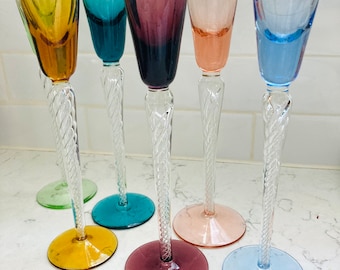 6 piece Vintage Multicolor Rainbow Handblown Flute Crystal for Barware.