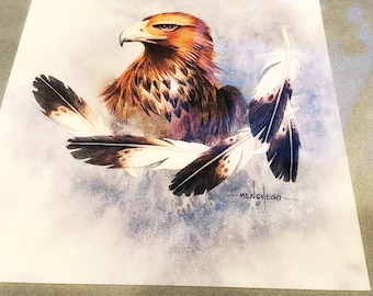 Vintage Watercolor Art Work by Menchengo "Golden Five" Ready to Hang, Antique Native Eagle ArtWork 54