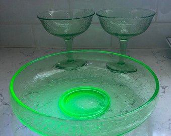 3 Piece Vintage 1 Molded Uranium Green Crackle  Regency Glam Bowl and 2 Sherbet Green Glass Cracky Pattern