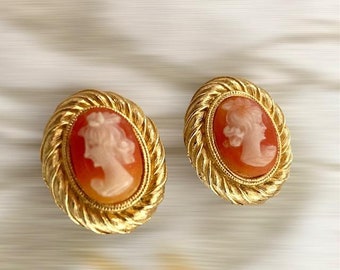 Vintage Pair of Cameo Clip on Gold Tone Earrings