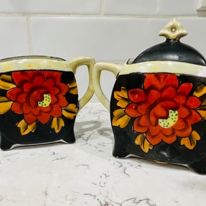Mid Century Japanese Porcelain Floral Creamer and Sugar Set with Handles