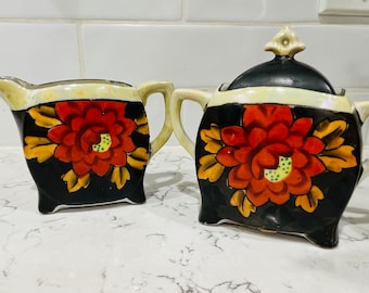 Mid Century Japanese Porcelain Floral Creamer and Sugar Set with Handles
