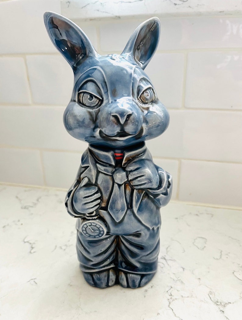 Vintage Hobbiest Container R Shipman Alice and Wonderland Rabbit with A Pocket Watch Handmade Pottery Signed by Alco image 1