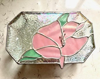 Vintage iridescent Pink Floral Stain Glass Vanity Jewelry box, Antique Floral Stain Glass Trinklet Box