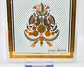 Vintage George Briard Ceramic Retired Tile– Teal & Gold Design – Mid-Century Modern Pop Art – 1960s Retro Kitchen Decor