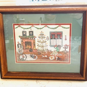 Vintage Betty Friess Baumer Primative Folk Art Print Framed Matted Christmas Home Where's The Button image 1