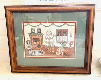 Vintage Betty Friess Baumer Primative Folk Art Print Framed Matted Christmas Home "Where's The Button"