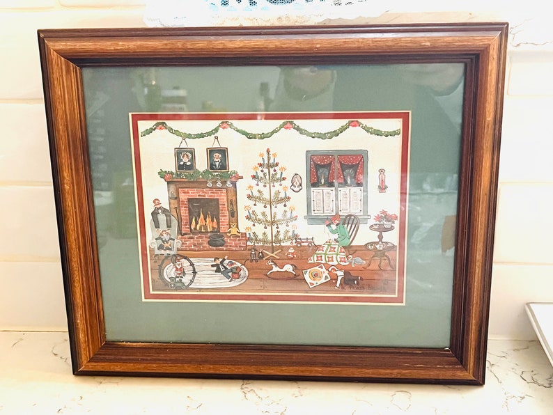 Vintage Betty Friess Baumer Primative Folk Art Print Framed Matted Christmas Home Where's The Button image 1