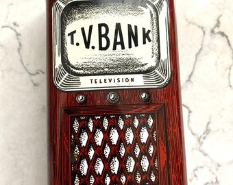 Burgundy Tin Television Advertising Bank Circa 1940 for Home Decor or Gift Giving