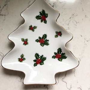 Vintage Lefton China White w/ Gold Trim Holly Berry Christmas Tree Candy/Trinket Dish/Cookie Plate image 1